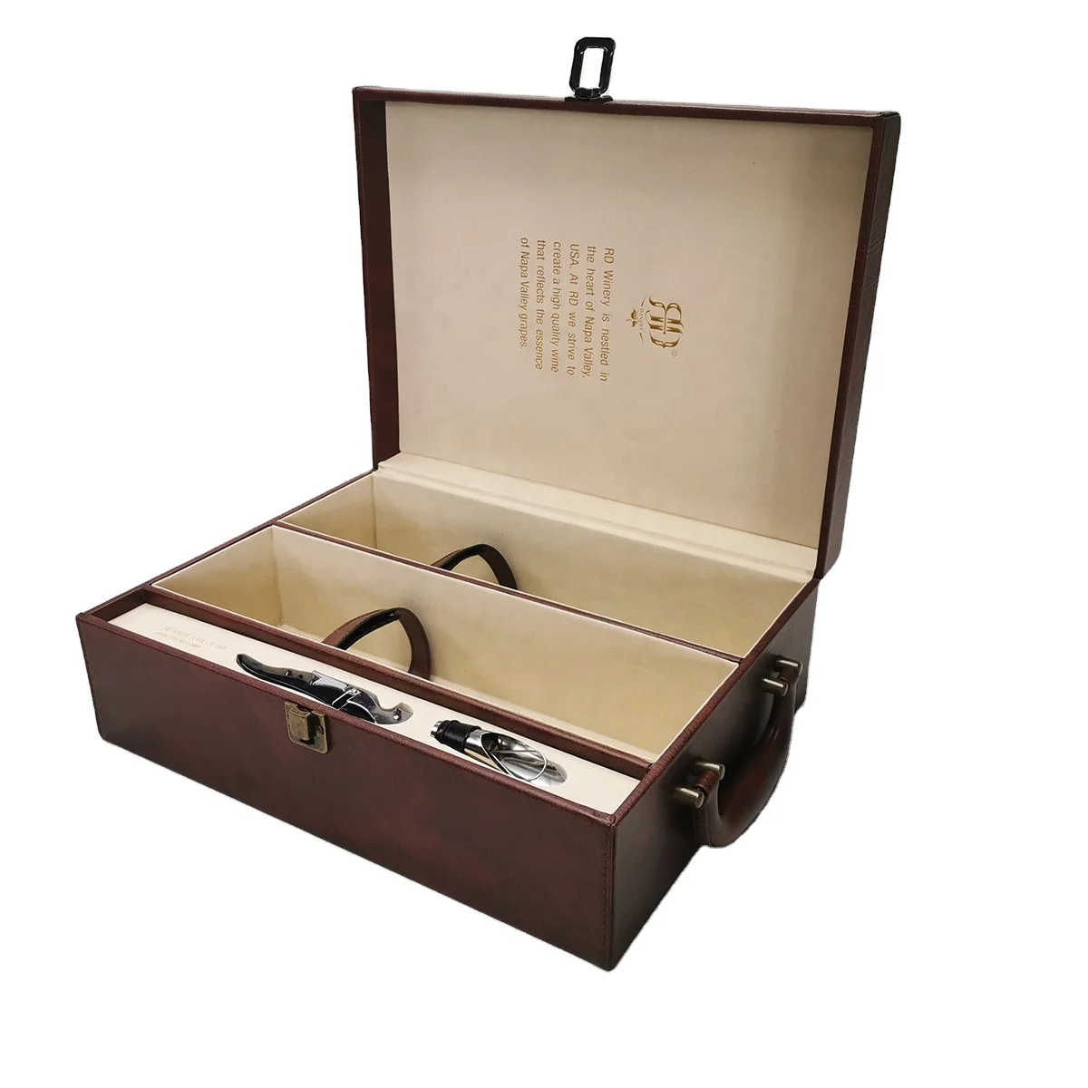 Bottle Case High End Customized Faux Leather Double Bottles Wine Box With Locker