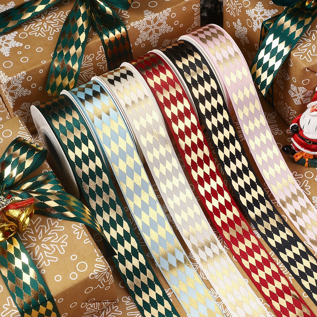 luxury 2.5cm*25Y/roll rhomboid diamond design hot stamping printed ribbon roll DIY handmade metallic gift decorative ribbon