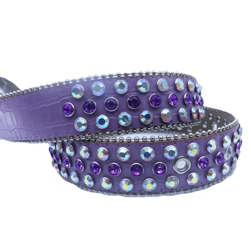 Western BB Simon Rhinestone Belt Bling PU Leather Crystal Belt with Purple Stone Fashionable Silver Alloy Buckle for Men Women