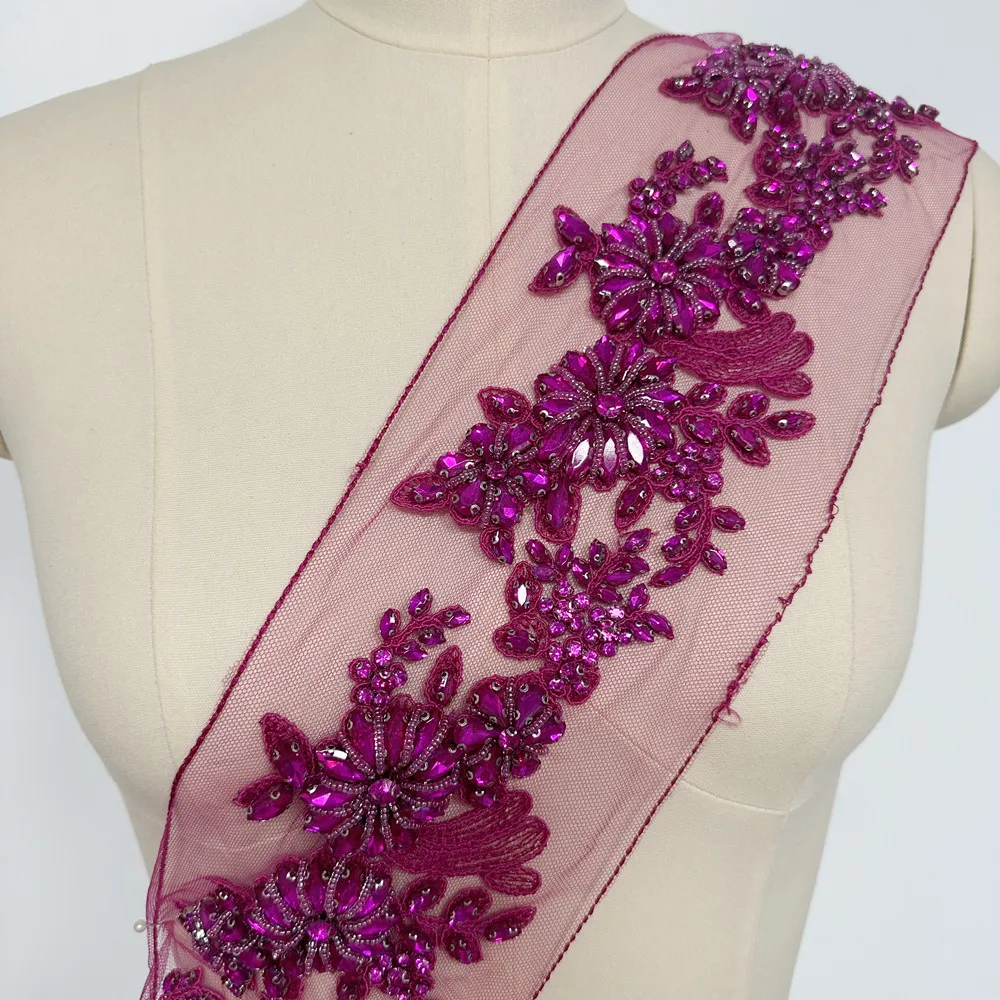 Rhinestone lace applique 3d heavy bead lace trim with pearls heavy embroidery tulle lace applique