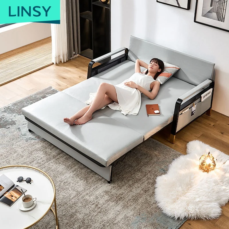 Linsy Popular Design Wood Hotels Adjustable Folding Foam Double Function Grey Storage Multifunctional Sofa Bed LS182SF3