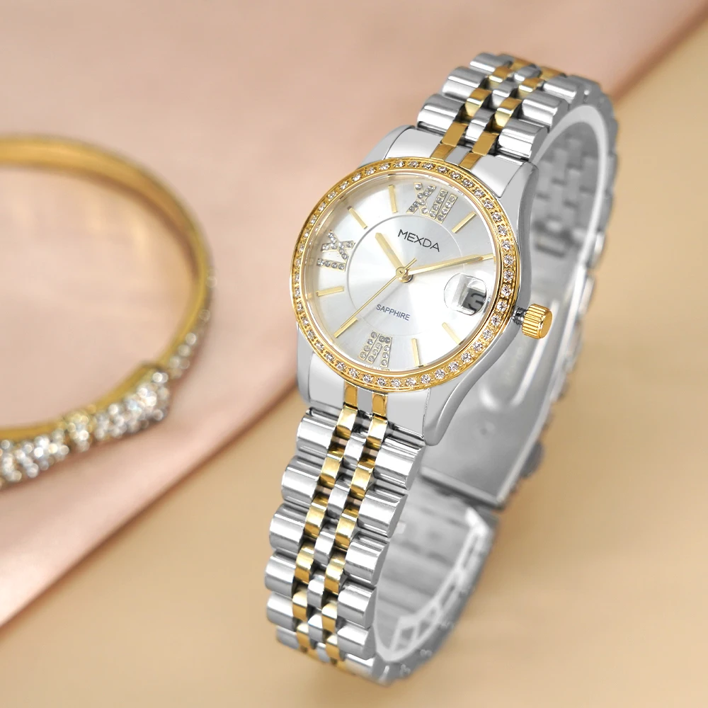 Mexda Customised Hot Selling Fashion Vintage Stainless Steel Quartz Roman No Watch for Women Diamond-Studded Bling Relojes