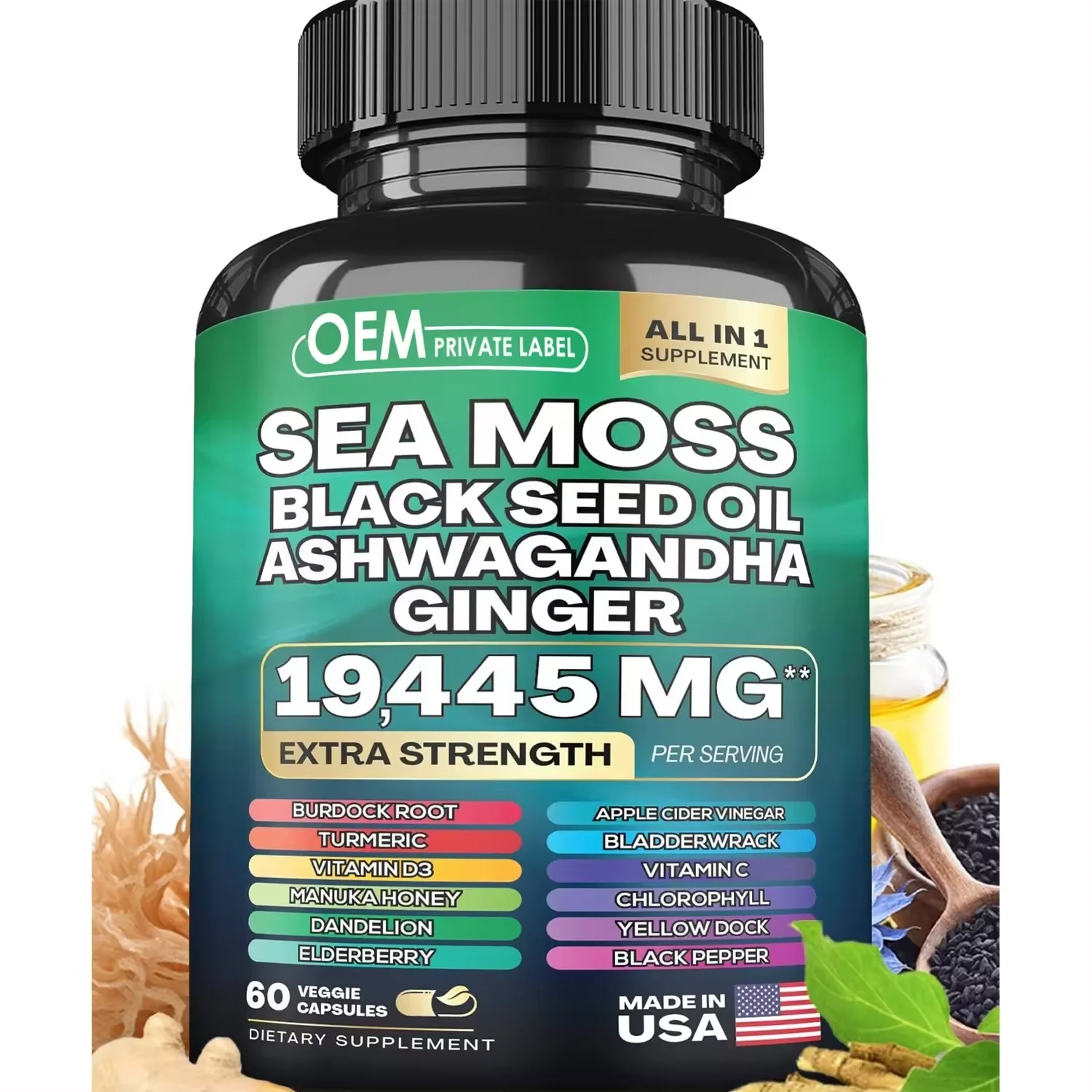 Oem Odm Zeemos Capsules Supplementen Zwarte Zaadolie Ashwagandha Kurkuma Blaas Klit Complex Seamoss Capsule