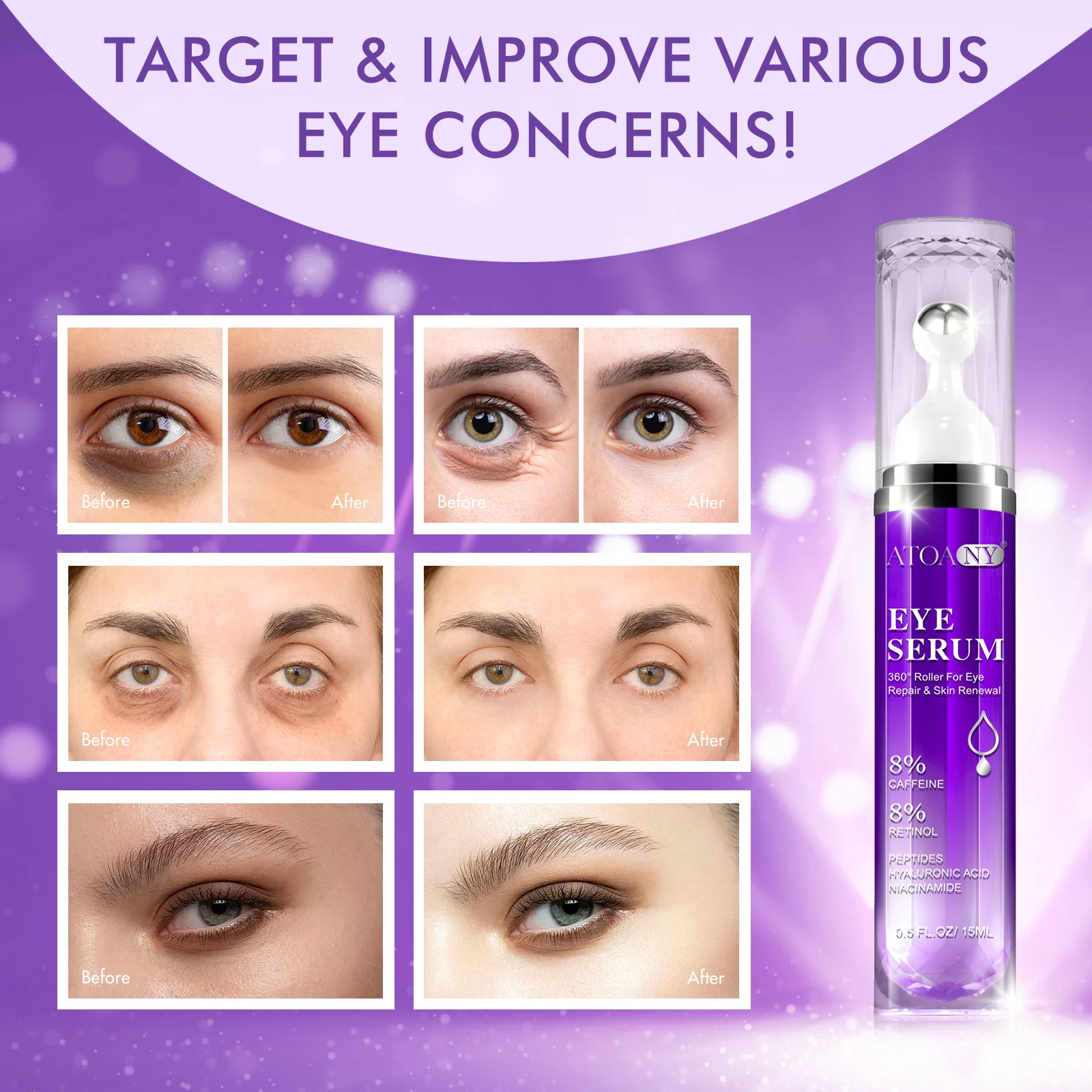 Wholesale Anti Aging Caffeine Eye Serum Eye Bags Removal Retinol Hyaluronic Acid Collagen Eye Serum Roller For Dark Circles