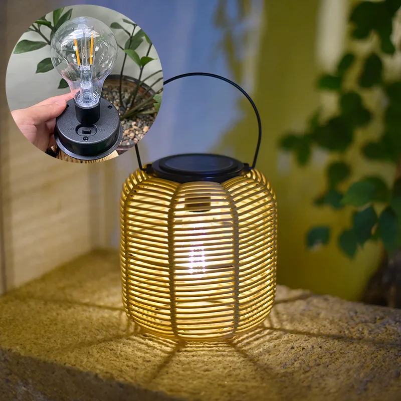 Solar Outdoor Lantern rattan bamboo woven storm lantern courtyard decoration Chinese retro small bell pepper portable