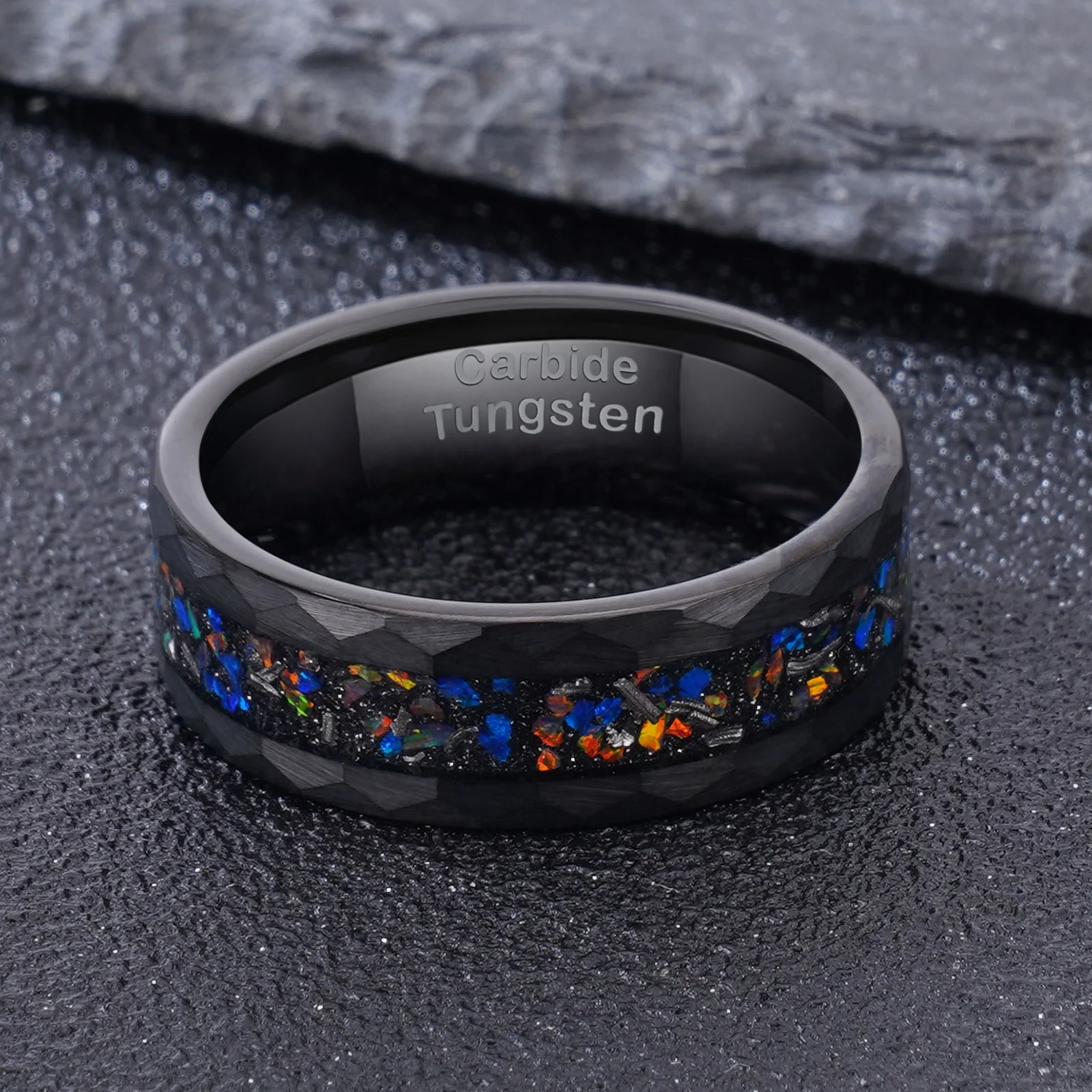 POYA Custom Black Hammered Meteorite Ring Tungsten Galaxy Opal Inlay Luxury Wedding Band for Men