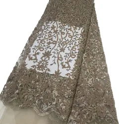Navy Blue African Luxury Design Glued Beads Floral Lace Fabrics Shining Glitter Sequined Tulle Mesh for Sewing Women Party Dress