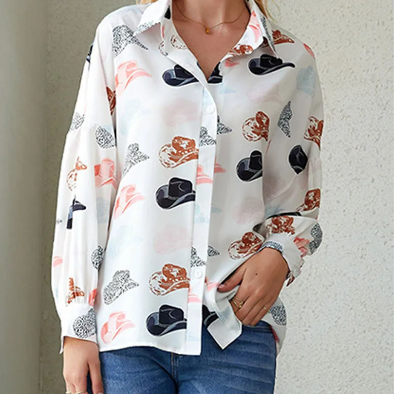 Southern Country Girl Button Down Shirt Custom Womens Nylon Tops Long Sleeve Allover Cowboy Hats Print Nylon Apparel Shirts