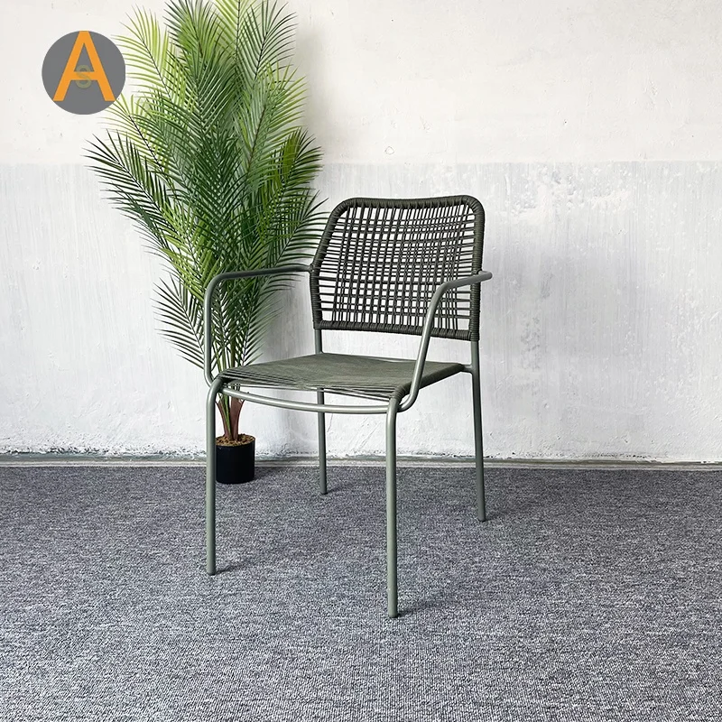 Mid century aluminum alloy hotel restaurant furniture rope chair outdoor dining chairs with arms