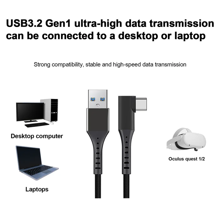 5M 90 Degree Right Angle Elbow 60W USB 3.0 A to C VR Cable for Oculus Quest 2