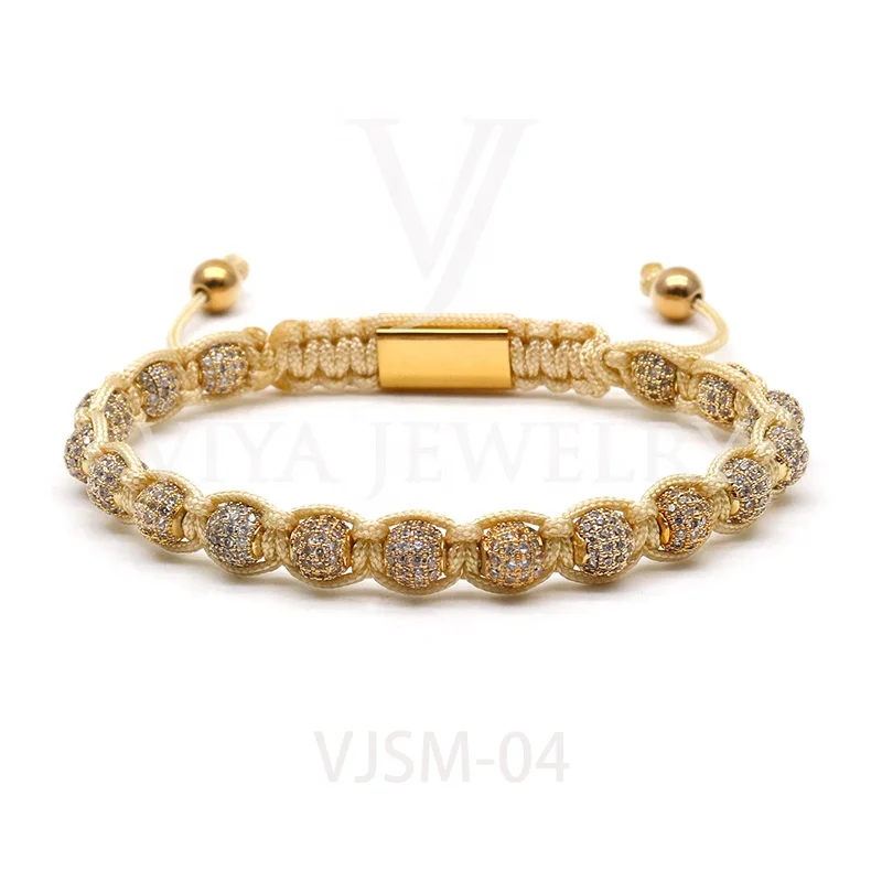 Ручной работы 18K позолоченный медный шарик 8 мм Micro Pave Цирконий CZ шарики Плетеный макраме браслет