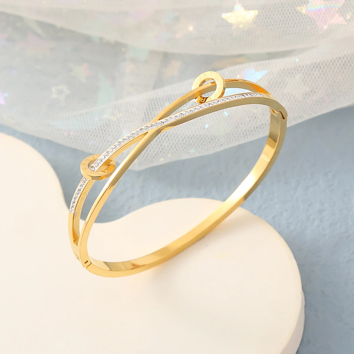 New Simple Cross Diamond Cuff Bracelet Bangle Gold Plated Hollow-out Round Letter Titanium Steel Bracelet