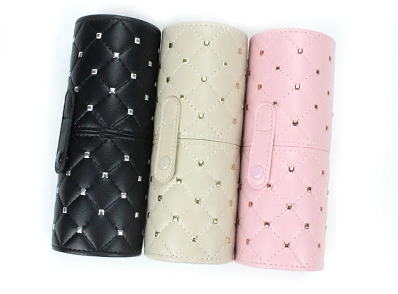 Black Rivet Style Makeup Brush Holder Case Portable Travel Pu Leather cosmetic Cylinder