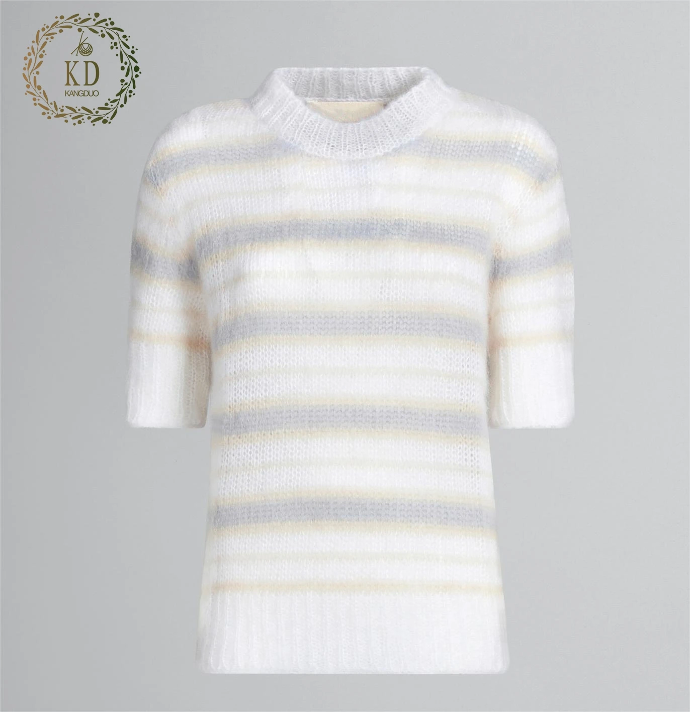 KD Sweater Manufacturer Custom OEM ODM Short Sleeved Crew Neck Brushed Furry White Mohair Wool Striped Top