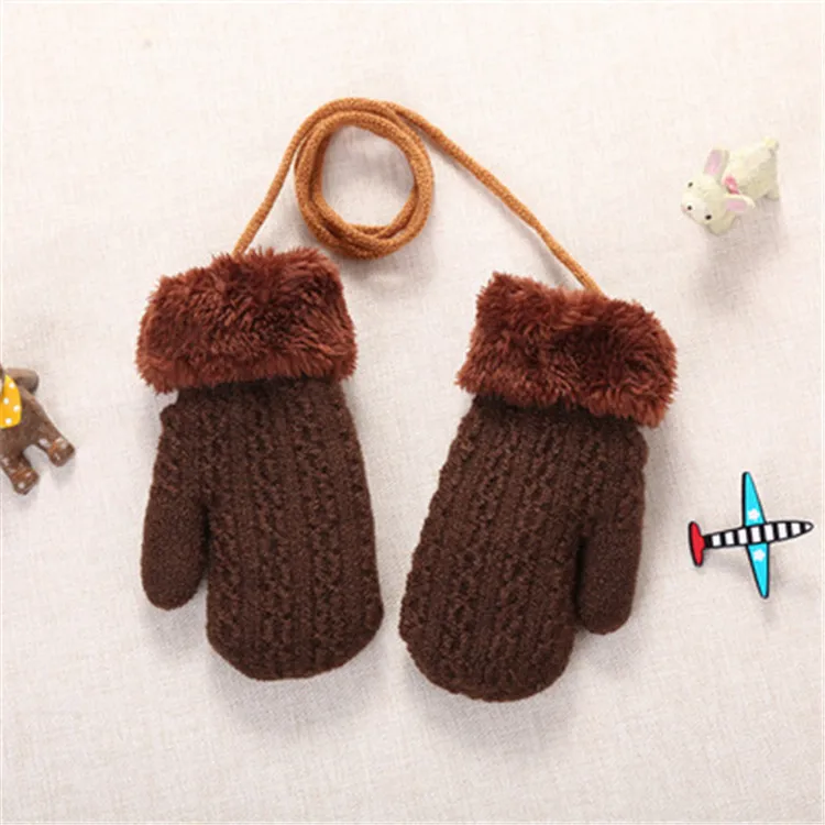 Wholesale Children Knitted Full Finger Gloves Kids Winter Mittens with Fur Cuff  ZJ470
