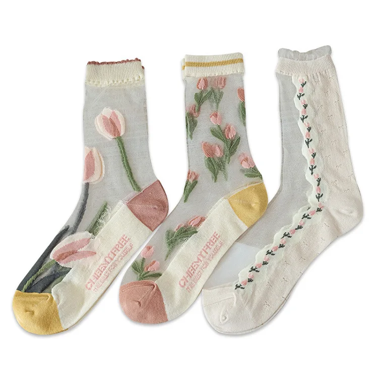 Floral Tulip Transparent Ultra-thin Socks Women Breathable Tulle Fashion Chiffon Long Socks