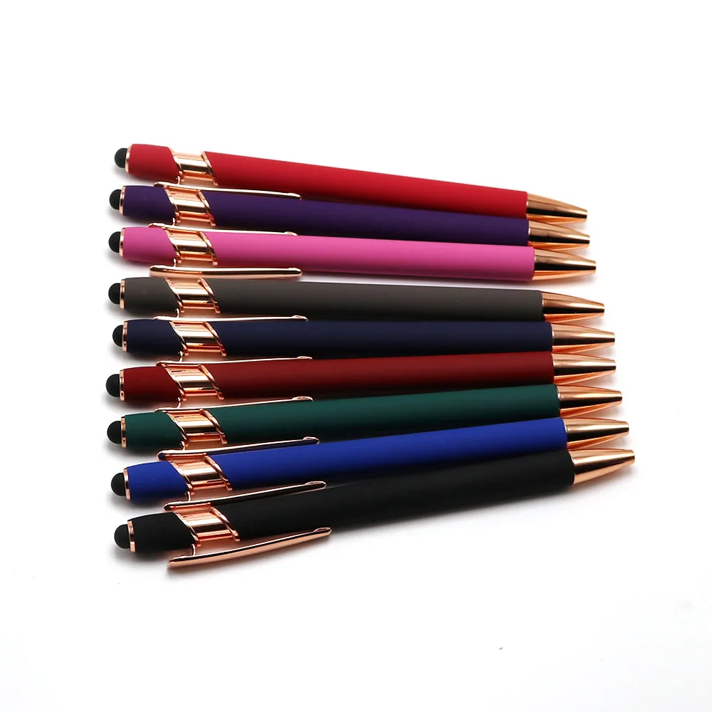 soft finished 2 in 1 promotional pen custom logo ballpoint pen stylus rose gold metal pens with custom logo