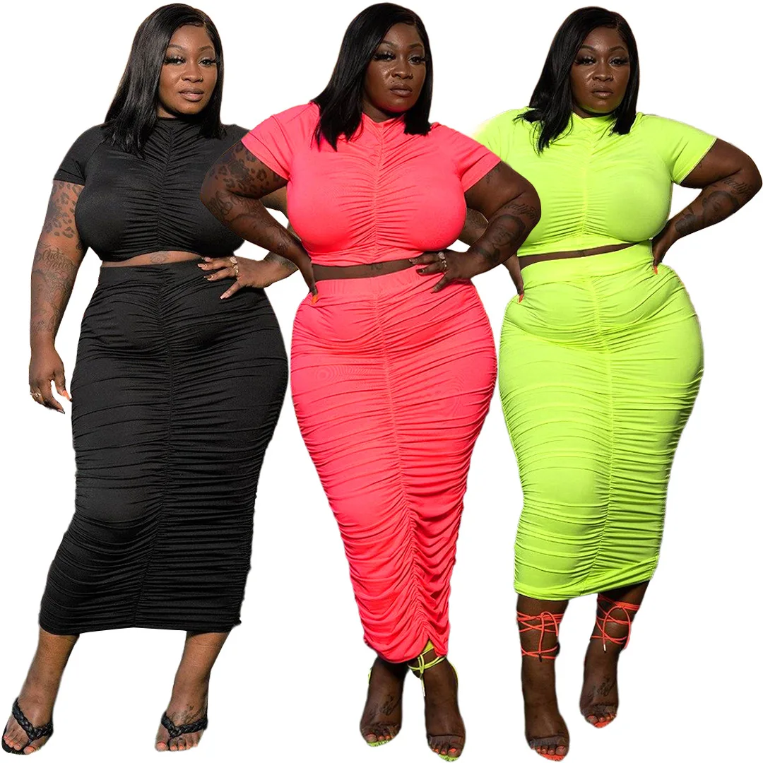 PSS2006 LOW MOQ Plus Size Black Pencil Casual Designer Cotton Ruched Two Piece Skirt Sets