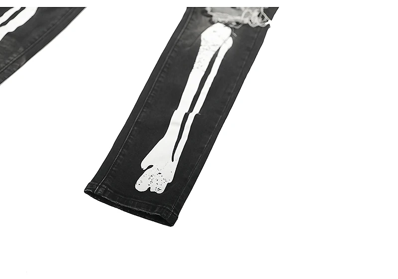 Hip Hop Skeleton Jeans Men Black Printed Men Distress Jeans Body Bones Men Jeans