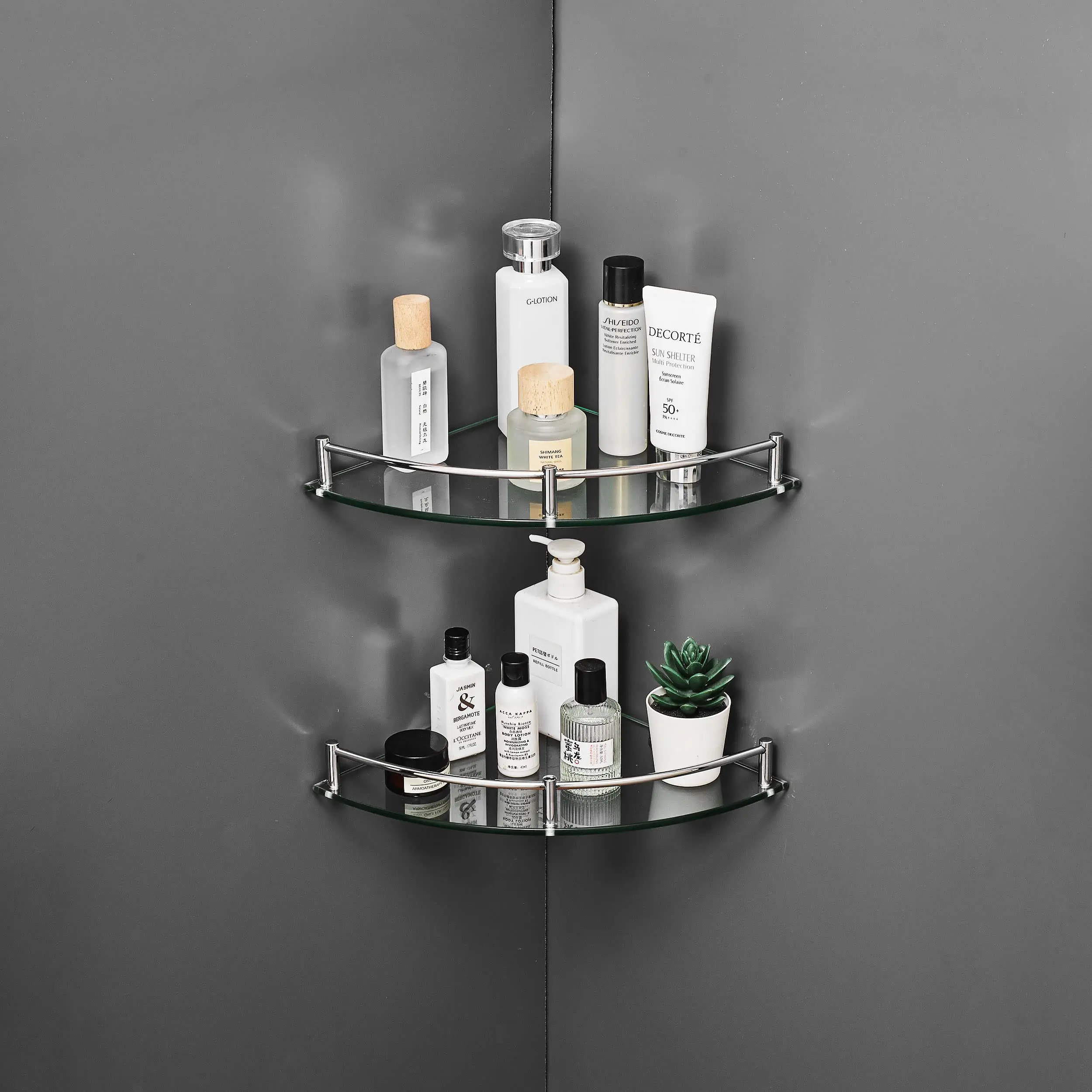 Corner Shelf Cross-Border Stainless Steel Glass Shelf Single Layer Double Layer Corner Shelf Toilet Toilet Bathroom Glass Tripod