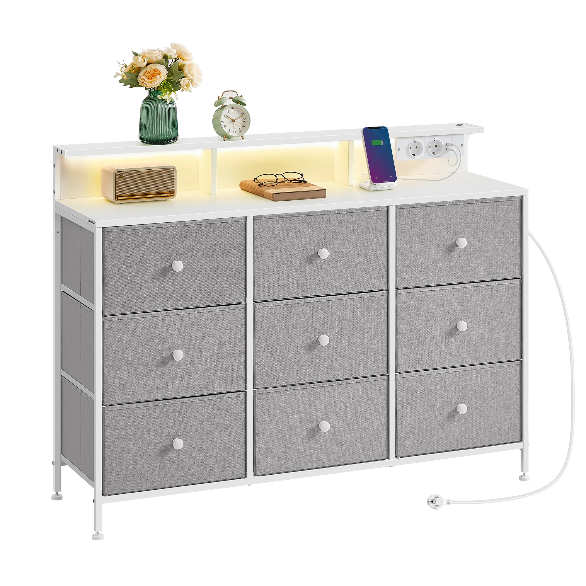 SONGMICS Charge Vertical Customizable Chest of Drawers with LED lights Modern 9-Drawer Fabric Storage Tower Dresser