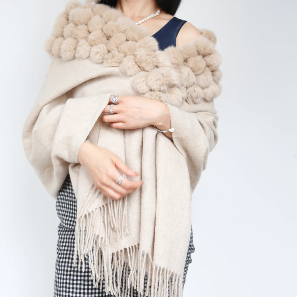 OEM оптовая продажа женский зимний теплый широкий шарф шаль с помпоном из натурального кроличьего меха