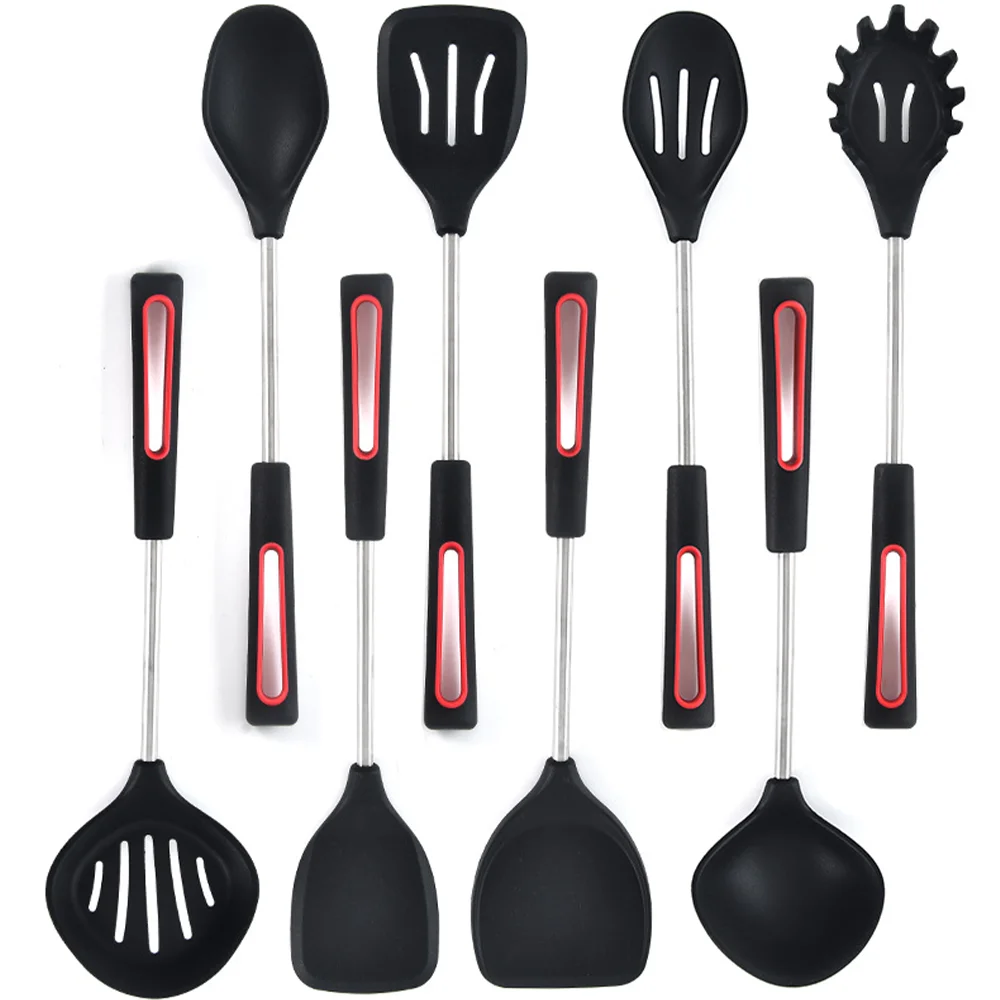 eco friendly Custom kitchen items list Selling Food grade silicone non-stick cooking utensil set and tools with solid handle