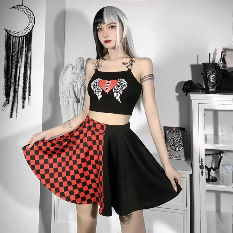 Punk Skirt Gothic Plaid A Line Mini Skirts Harajuku Streetwear Sexy Plaid Patchwork Skirt E Girl Grunge Y2K Club Wear