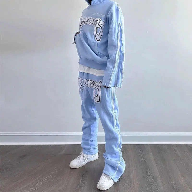 Custom Pullover Heavyweight Hoodies Flared Joggers Sweatsuits Unisex Sweatpants Sets Tracksuit Men Suits Set Side Strip Zipper