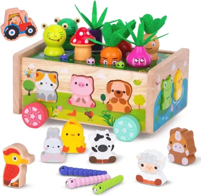 Montessori wooden farm toys ages 1-3 years shape recognition learning animal vegetable blocks wooden toys
