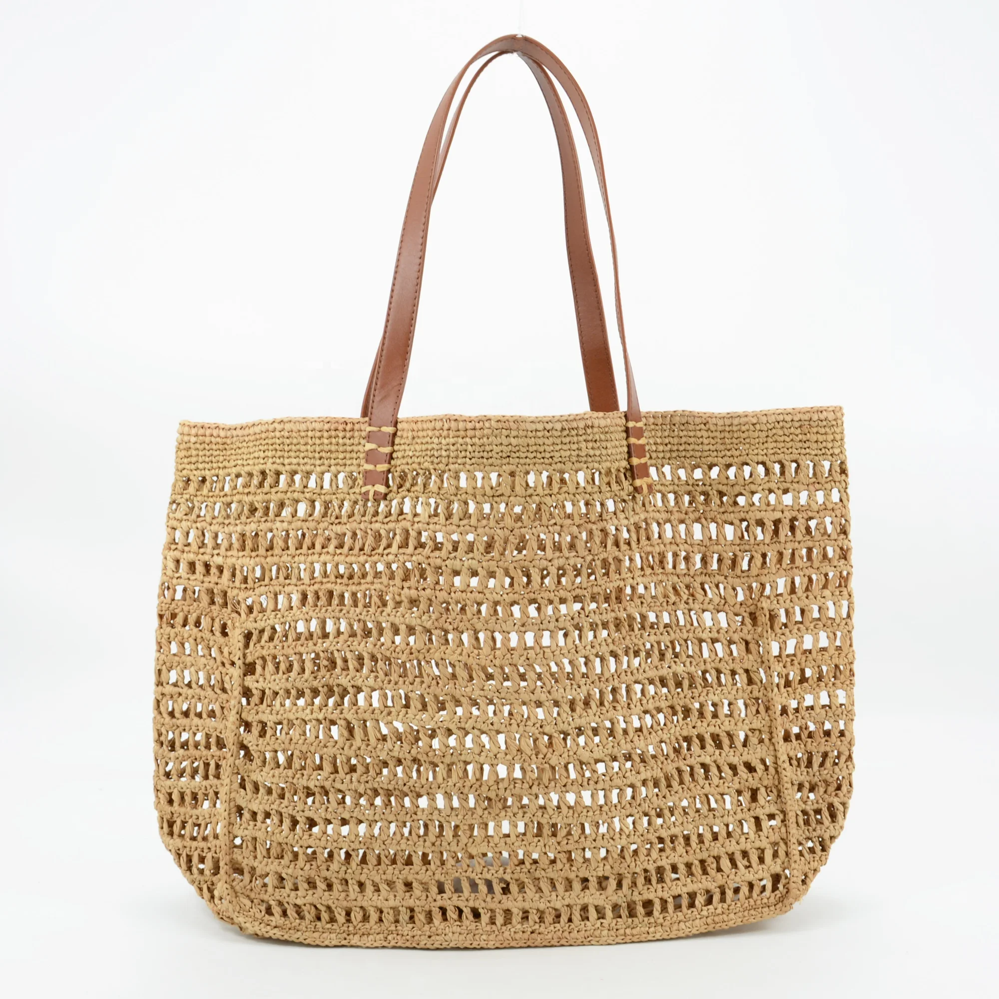 Большая Сумка-тоут ручной работы из натуральной рафии с кожаными ремешками