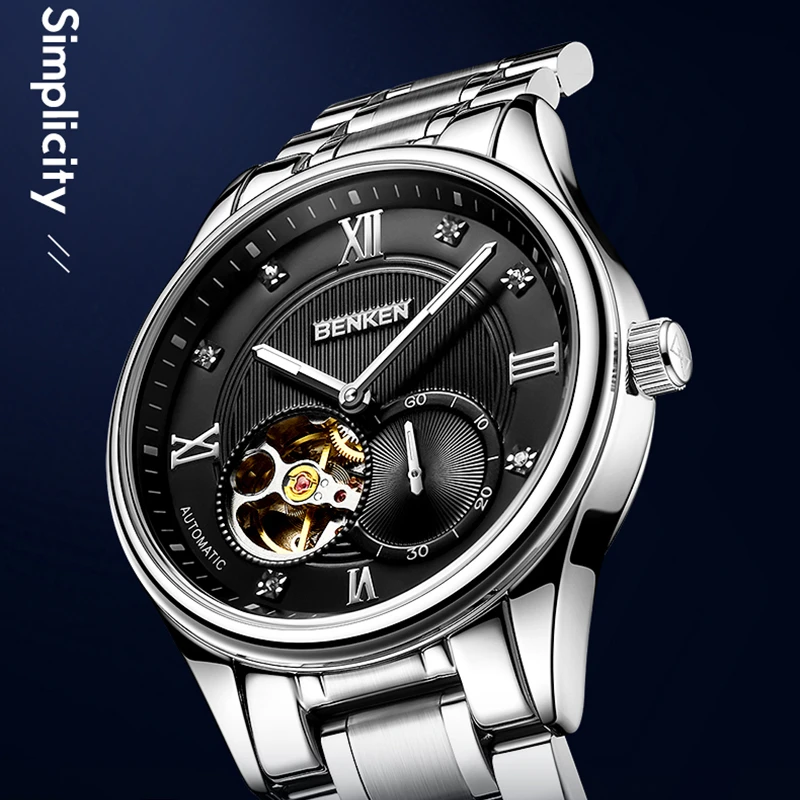 Benken Simple Luxury Waterproof Diamond Inlaid Stainless Steel Automatic Mechanical Watches for Business Man