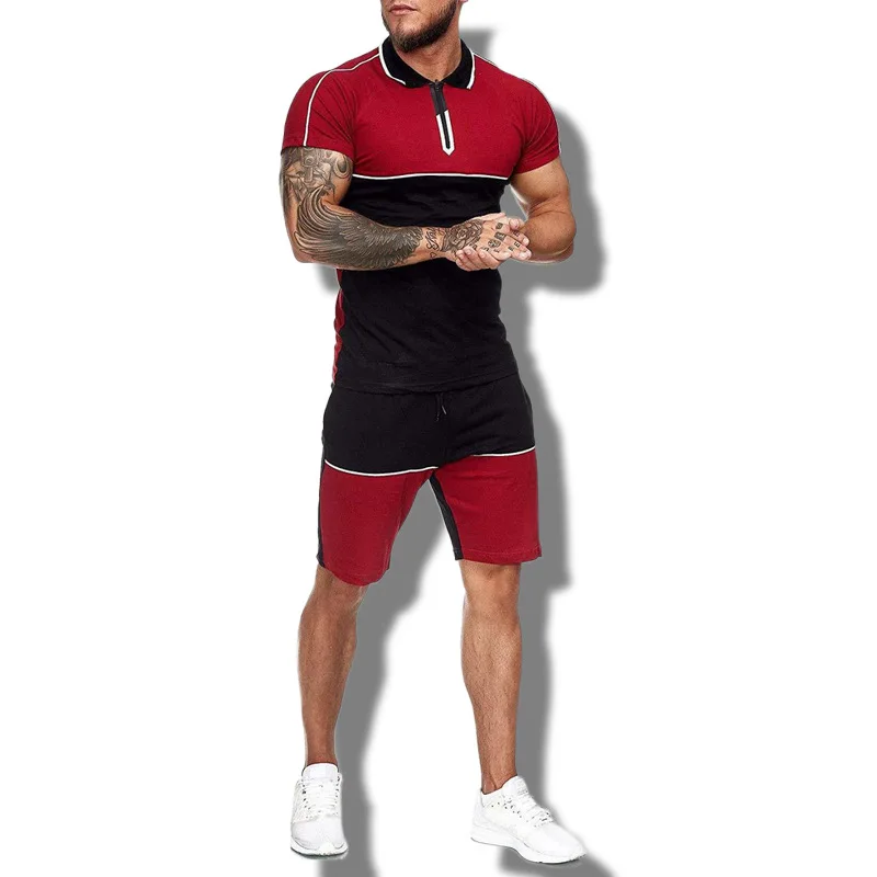 Hellosport Summer Plus Size Streetwear Patchwork Short Joggers Tracksuit Suits Two Piece Shirt And Shorts Sets For Men