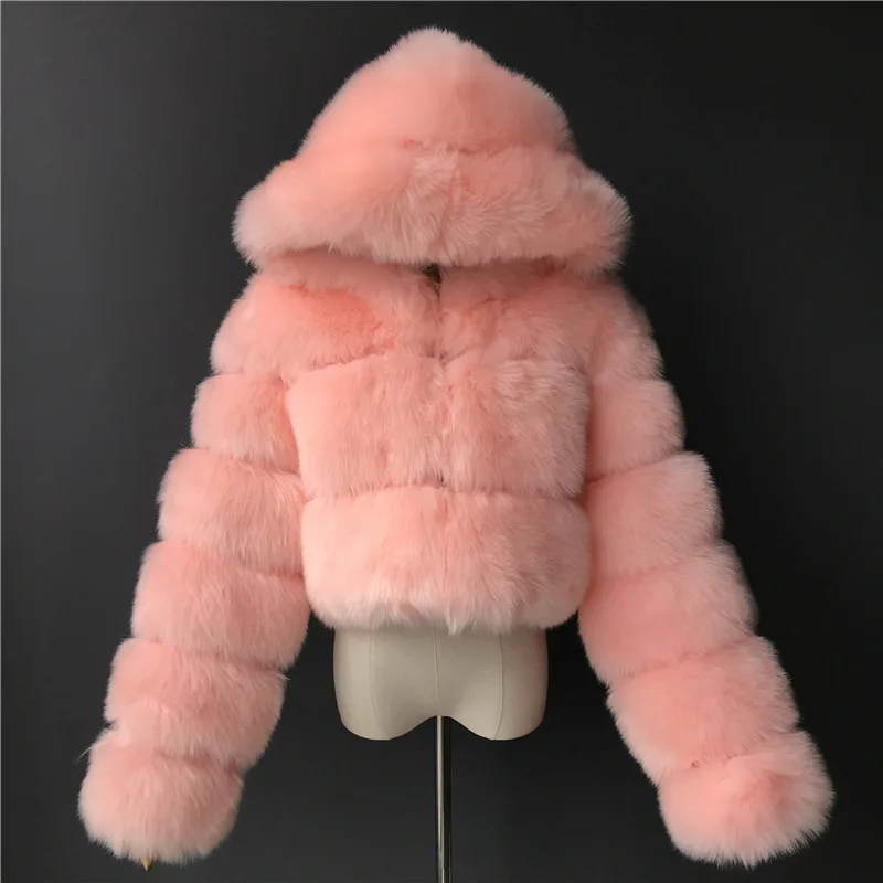 Fashion design solid colors women ladies winter warm faux fox fur short coats jackets with hooded