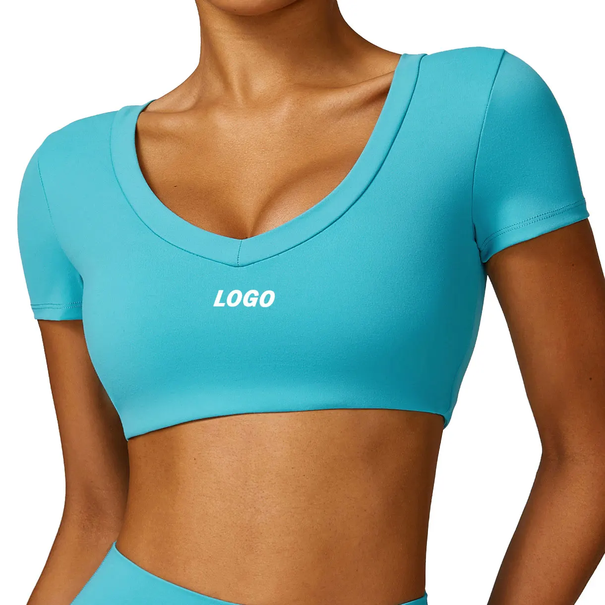 Custom Logo Sportswear Padded Solid Color Fitness Gym Workout Training Short Sleeves Crop Tops Women Gym Fitness Sports T Shirts