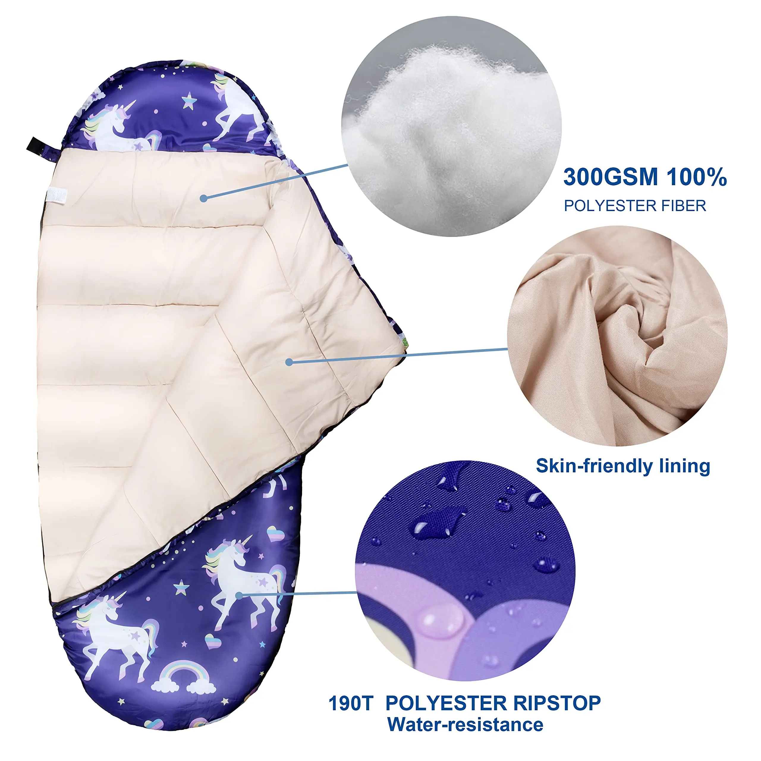 Outdoor And Indoor Unicorn Rainbow Star Waterproof Portable Camping Kids Sleeping Bags For Girls With Carry Bag
