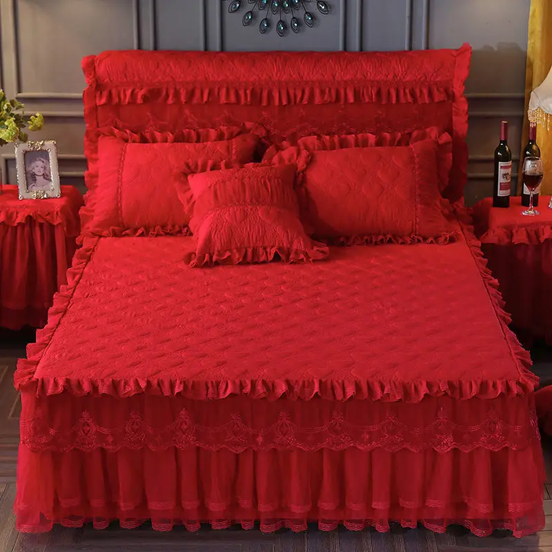 solid color velvet lace Hotel wedding 100%Cotton luxury modern  bed  cover fitted skirt sheets 4pcs Bedding Bedspread sets