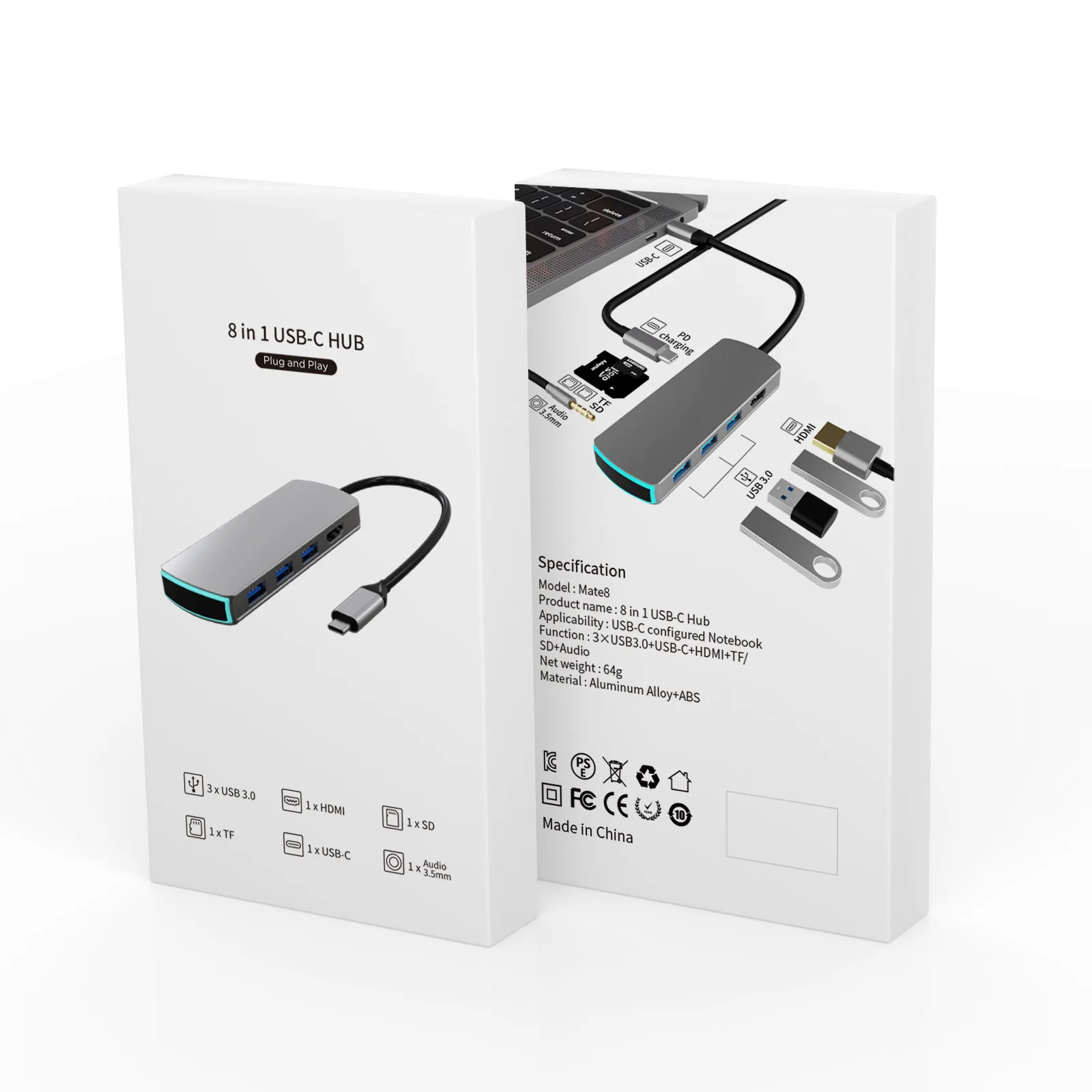 Кабель с разъемом usb типа c концентратор 8 в 1 USB3.0 * 3 HD-MI AUDIO3.5mm SD TF PD • быстрая зарядка