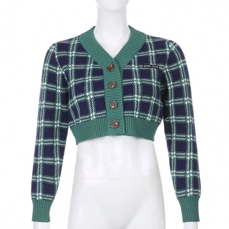 Wholesale 2024 Custom Knit Buttons Cardigan Long Sleeve Jacquard Wool Sweater Girls Short Top