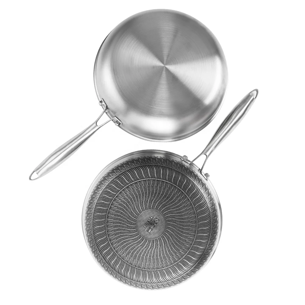 Professional Quality Custom Korean Kitchen 18/8 Tryply Stainless Steel Non Stick Honeycomb Round Stir Frying Pan