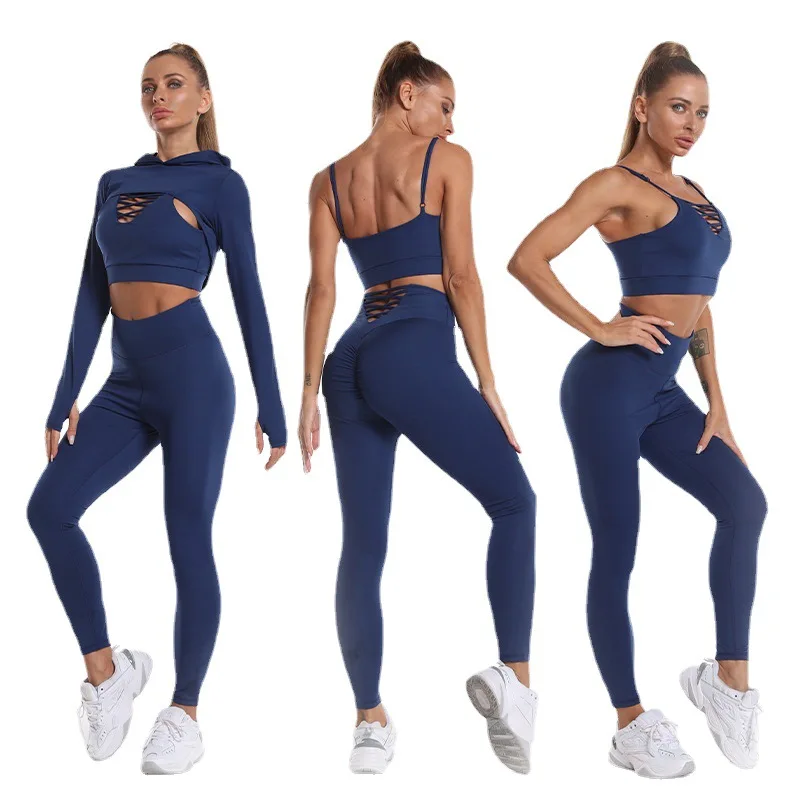 Hot selling hoodies tops pants vest 3 pieces exercise run quick dry casual Women Sports long sleeve gym wear Yoga Fitness sets