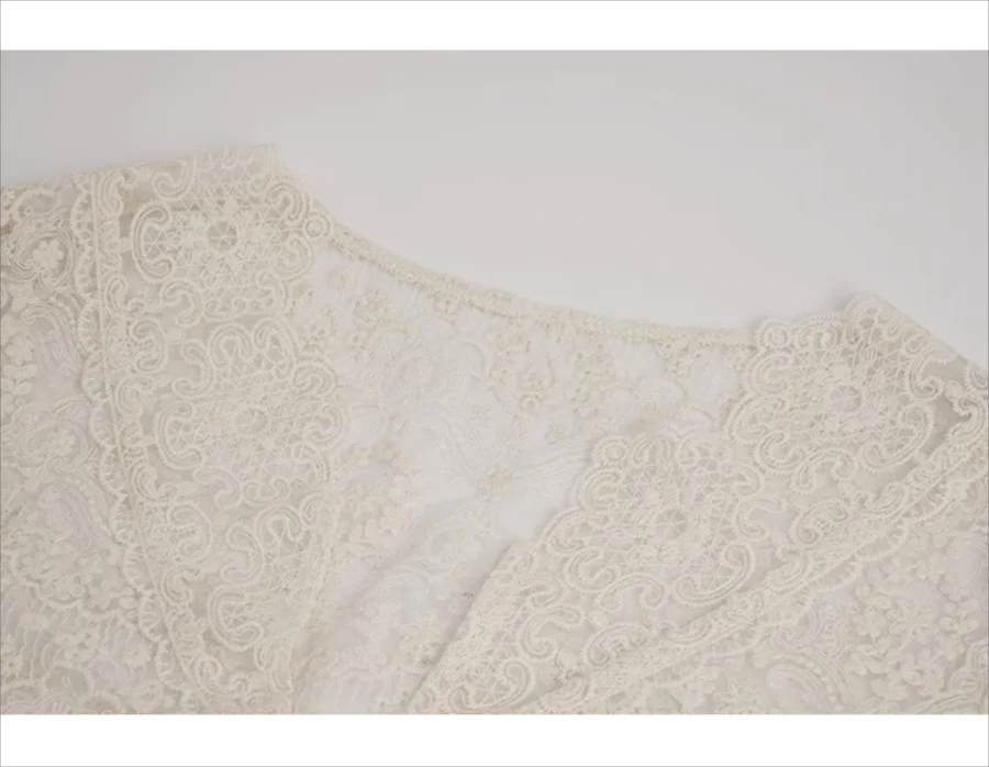 Beige Color V Neck Lace Flare Sleeve Embroidery Casual Trendy Tops For Women V-neck Vintage Hollowed Out Pearl Buckle Shirt