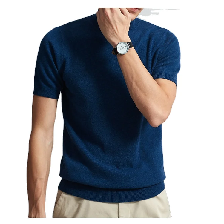 Short Sleeve Mock Neck T-shirt 10% Cashmere 90% Cotton Knitted Sweater For Men.