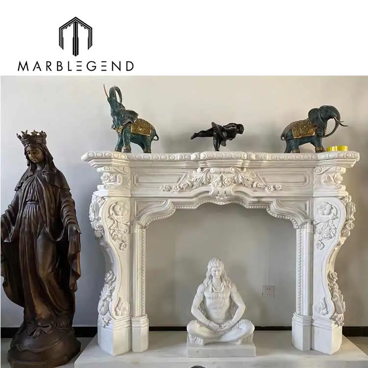 European Style Bianco Carrera Hand Carved White Marble Fireplace Mantel