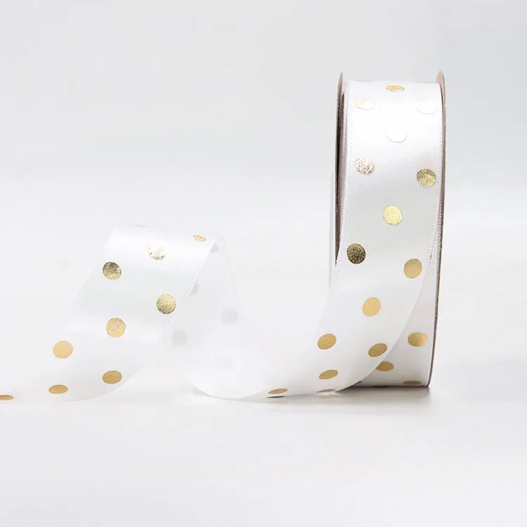 High Quality Custom 19mm 25mm Metallic Gold Foil Printed White Black Satin Ribbon Luxury Design Gift Package Roll