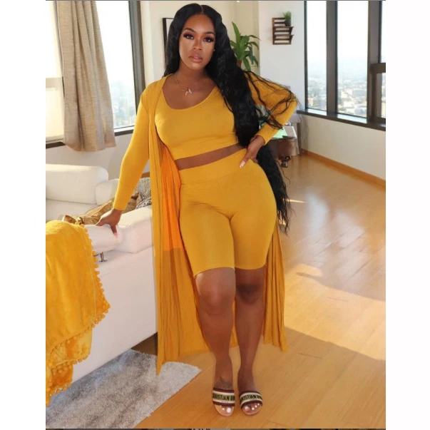 
YD Ins fashion fall design ladies soft micro fiber fitted 3 piece short pant set and cardigan for summer women clothes 2021 