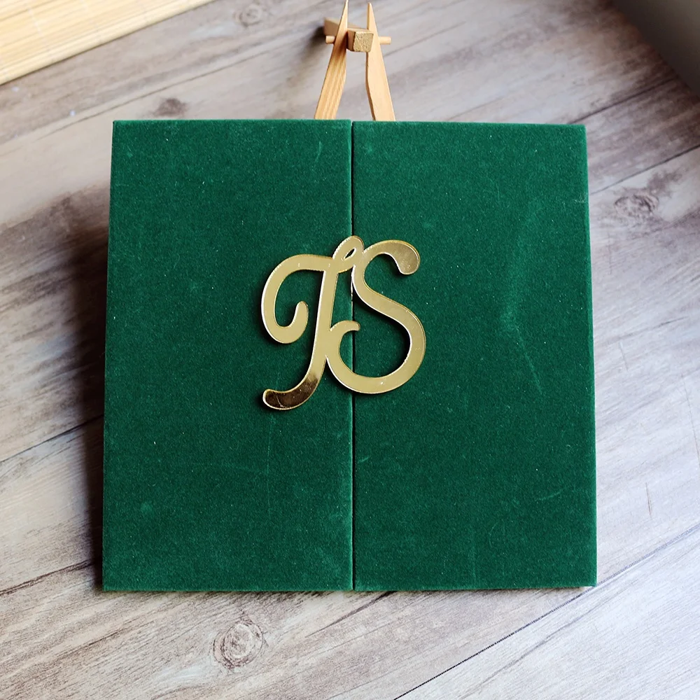 Зеленая бархатная карточка свадебные пригласительные открытки с лазерной резкой 3 мм Золотая зеркальная акриловая открытка