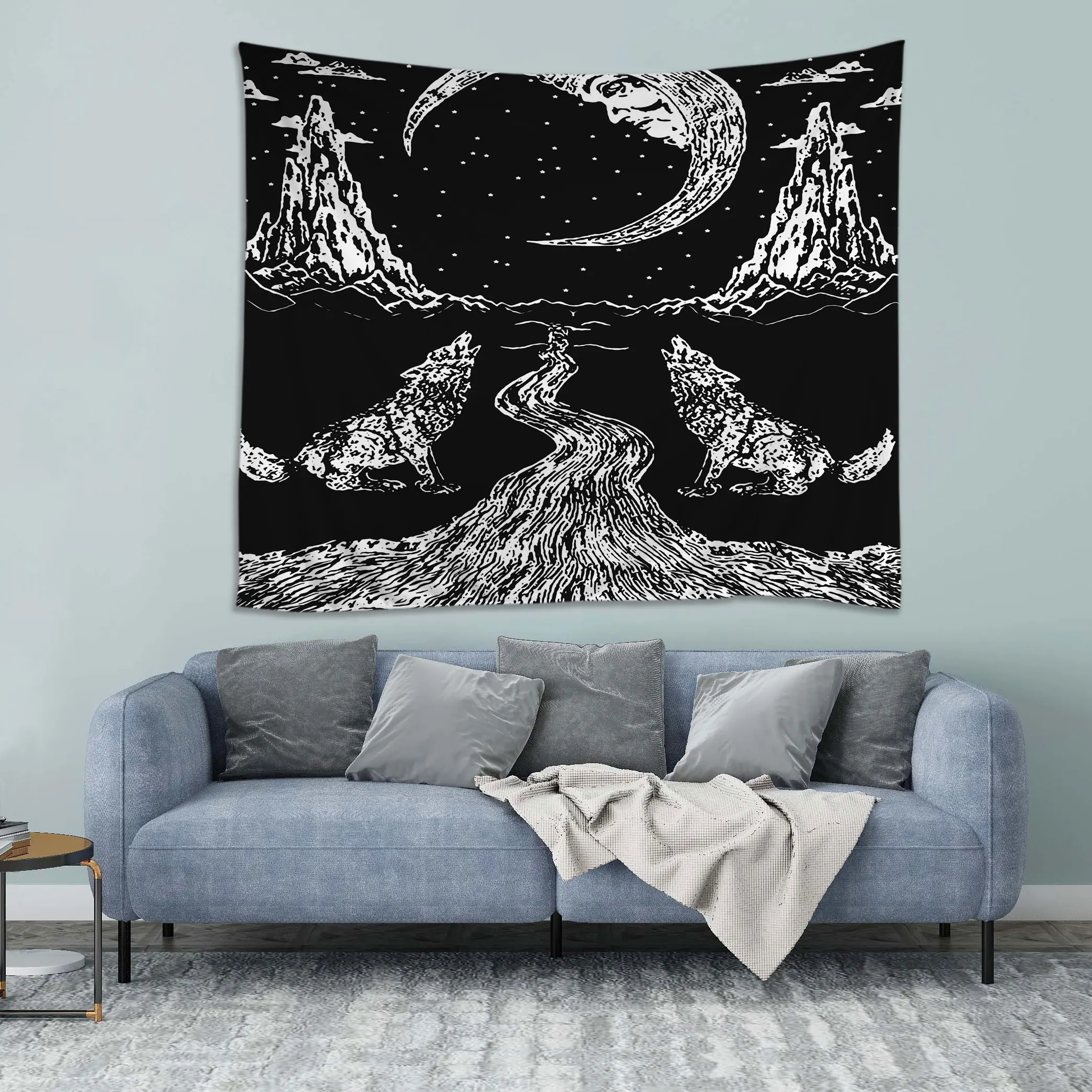 
Sun and Moon Tapestry Burning Sun with Star Tapestry Black and White Mystic Tapestry Wall Hangings 