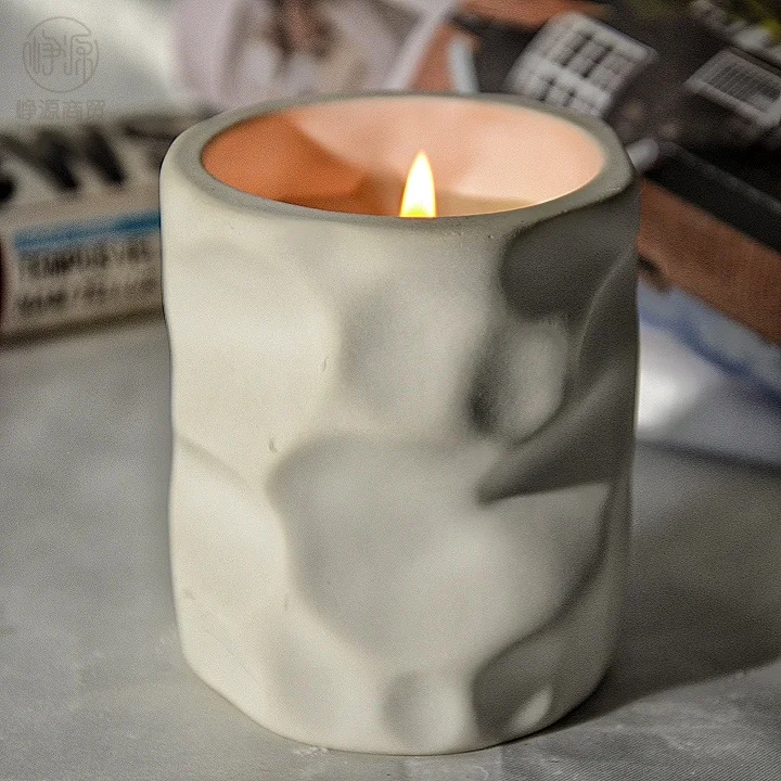 Unique Design White Color Ceramic Nordic Concrete Cement Scented Candles Jars Frosted Round Candle Holder