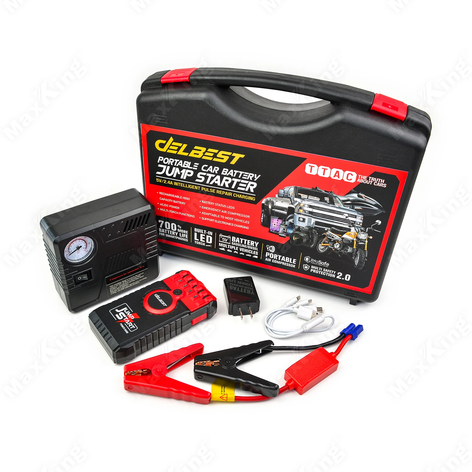 DELBEST Multifunction Emergency Portable Car Jump Starter with Air Compressor for 12V Car